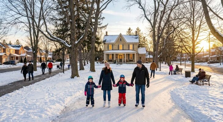 A vibrant photograph of families skating on the 'Woodland Loop' at Mulock Park, Newmarket, in 2026. The historic Mulock House glows in the background under a warm golden sunset, illustrating the new central social hub.