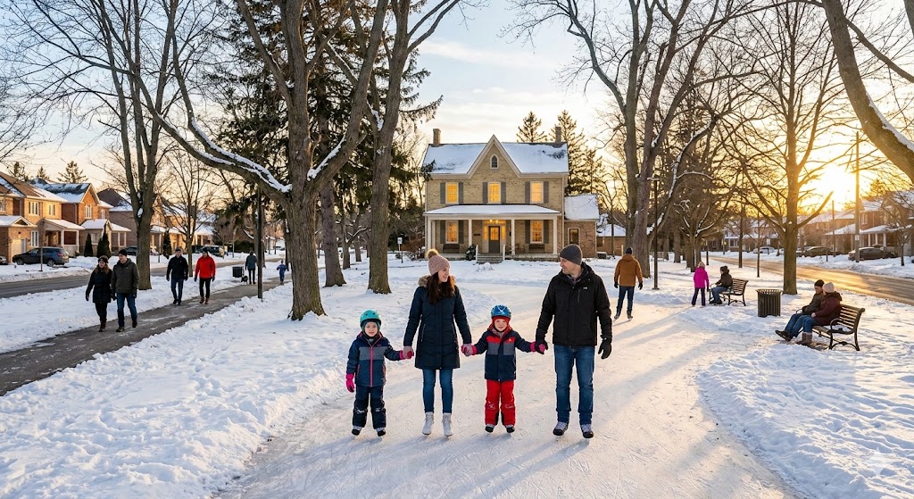 A vibrant photograph of families skating on the 'Woodland Loop' at Mulock Park, Newmarket, in 2026. The historic Mulock House glows in the background under a warm golden sunset, illustrating the new central social hub.