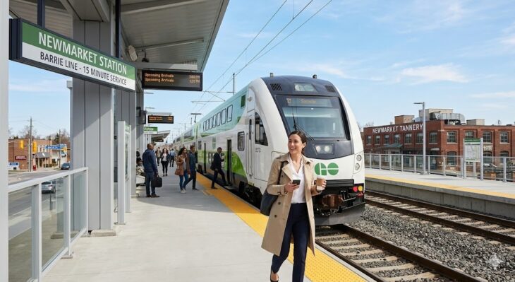 A modern 2026 scene at the Newmarket GO Station platform. A commuter woman smiles while boarding a double-decker electric train