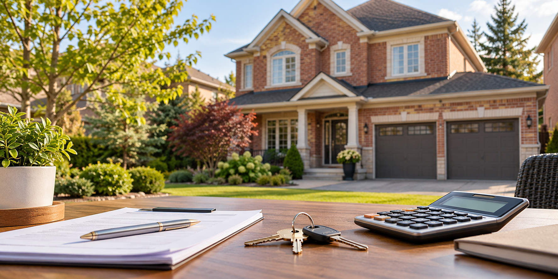 Illustration of a suburban brick home with house keys, paperwork and a calculator in the foreground